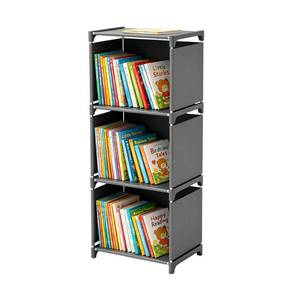 lot 38782 image: Book Shelf, 3-Cube Storage Organizer, Metal & Fabric Bookcase for Small Spaces, Bedroom, Living Room - Retail $18