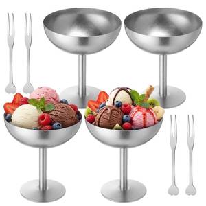 lot 38785 image: 4 Sets Stainless Steel Ice Cream Cups 6.7 Oz Small Footed Bowls with Forks Bulk Stainless Dessert Cup for Serving Pudding Fruit Summer Birthday Party Supply (Frosted,Silver) - Retail $26