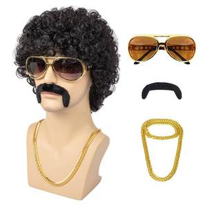lot 38827 image: Afro Wig Men 70s Disco Costume Wig With Glasses Necklace Mustache and Wig Cap Natural Fluffy Short Black Curly Synthetic hair Wig for Halloween Chrismas Cosplay Party - Retail $21