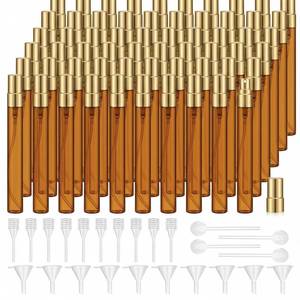lot 38828 image: 60 Pcs 10ml Mini Perfume Bottle Fine Mist Atomizer Glass Refillable Bottles Decants Bulk for Perfumes Travel Glass Container with Atomizer Pump Kit for Fragrance(Amber, Gold, 10ml) - Retail $30