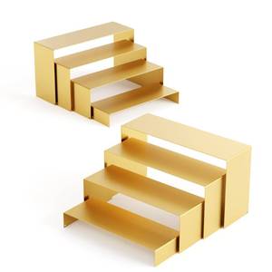 lot 38853 image: Gold Matte Metal Display Stand,8 Pcs 2 Set Display Risers, Metal Rectangular Display Shelf Holders for Showcase, Dessert, Perfume, Vendor Events, Cupcake Stands, Toys Display Shelves ( 8Pcs-Gold, 7L8L9L ) - Retail $25