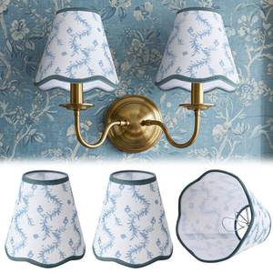 lot 38855 image: 2 Pcs Small Scalloped Lamp Shades Chandelier Lamp Shades 3 x 6 x 6 Inch Blue and White Linen Fabric Mini Scallop Lampshades with Trim Natural Tapered Lampshades for Wall Sconce Pendant Light - Retail $23