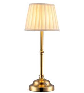 lot 38857 image: Gold Cordless Portable LED Table Lamp, Beige Fabric Shade Desk Lamp - Retail $34