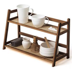 lot 38860 image: 1 Pcs 2 Tier Matcha Station Shelf Bamboo Coffee Mug Stand Countertop Storage Rack, Double Layer Rattan Office Cup, Kitchen, Tea, Plant, Bar Accessories Condiment Display(Brown,17.7 Inch) - Retail $20