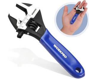 lot 38872 image: WORKPRO 4-Inch Mini Adjustable Wrench, Wide Jaw Cr-V steel WrenchBlack Oxide Finish, Metric & SAE Scales, Compact Size for Small Nuts, Home Projects, Workshop and DIY Tasks. - Retail $8