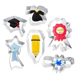lot 38875 image: 6 PCS Graduation Cookie Cutter Mold, Graduation Shapes Cookie Mold, Graduation Hat, Gown, Diploma Pen for Celebration Baking Graduation Kitchen Party, Standard, Silver - Retail $10
