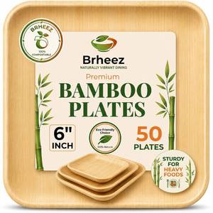 lot 38885 image: Bamboo Plates Disposable Plates  6 inch bamboo appetizer plates  Eco Compostable Biodegradable Plates 50 pieces. - Retail $25