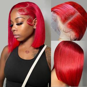 lot 38896 image: Wear and Go Glueless Bob Wig Human Hair Pre Plucked 13x4 Red Lace Front Wigs Human Hair for Black Women Bleached Knots Natural Hairline Short Blunt Cut Bob Human Hair Wig 180% Density 8 - Retail $49