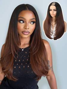 lot 38897 image: Brown Layered U Part Wigs V Part Yaki Straight Half Wigs for Women - Retail $29