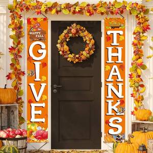 lot 38904 image: GIVE THANKS Hanging Banner Porch Sign Autumn Pumpkin Maple Leaf Backdrop Flag Fall Harvest Welcome Banner For Indoor Outdoor Wall Door Decoration Thanksgiving Party Decorations 72x12 - Retail $7