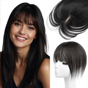 lot 38910 image: 10 Inch Real Human Hair Topper with Bangs for Women Covers Thinning Crown, Clip-In Hair Topper for Thinning Hair (Natural Black) - Retail $36