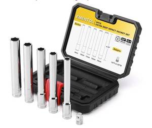 lot 38913 image: 6PCS 38-Inch Drive Metric Deep Socket Set, 8-14MM Deep Sockets&14-inch F-38-inch M Socket Adapter, Extra Long, 6-point - Retail $25