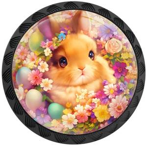 lot 38916 image: 4 Pack Spring Bunny with Easter Eggs and Floral Cabinet Knobs Round Drawer Pulls Black Dresser Knob Cupboard Door Handles Hardware for Kitchen Bathroom Cabinets - Retail $15