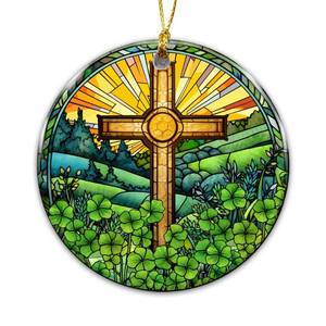 lot 38922 image: Irish Celtic Cross Ornament �� Stained Glass Shamrock Christian Ornament, St. Patrick��s Day Religious Tree Decoration, Faith-Inspired Irish Wall or Christmas Hanging Decor - Retail $8
