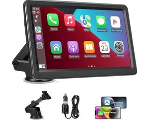 lot 38939 image: Carplay Screen for Car, 7 Wireless Carplay & Android Auto, Portable HD Touchscreen with Mirror Link, GPS Navigation, Voice Control, Hands-Free Calling, BluetoothAUXFM, Plug & Play Car Play Screen - Retail $47