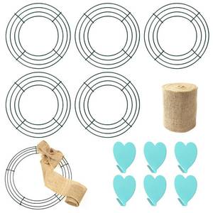 lot 38959 image: 6 Pack 14 Inch Metal Wreath Frame Wreath Ring for Crafts with 6 Adhesive Hooks and 3.3 Yard Burlap, Front Door Christmas New Year Valentines Wedding Decoration - Retail $19