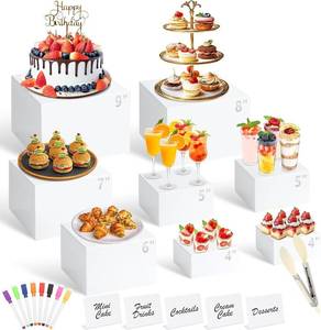 lot 4007 image: 8 Pcs White Buffet Risers with Mini Table Sign, Acrylic Food Risers, Tongs