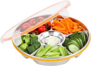 lot 4013 image: 6-Compartment Stainless Steel Serving Tray with Lid, 10-Inch Divided Tray