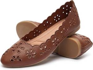 lot 4024 image: FRACORA Womens Ballet Flats Black PU Leather Round Toe Slip-On Eyelets 9