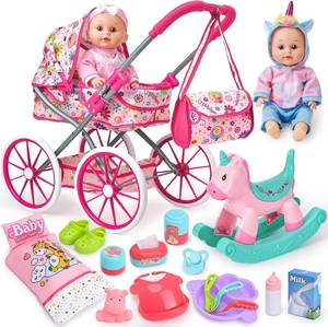 lot 4027 image: Golray 12 in Baby Doll Set with Stroller, 26pc, FeedingNursing Play (3-7)