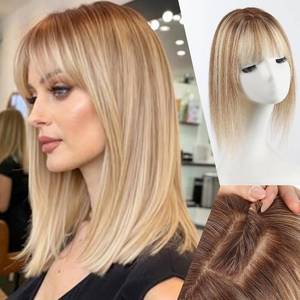 lot 4047 image: 12-Inch Human Hair Topper, Brown with Blonde Highlight, Bangs, 4x5.5 Base