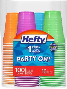 lot 4058 image: Hefty Party On Disposable Plastic Cups, Assorted, 16 Ounce, 100 Count