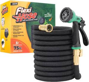 lot 4080 image: Flexi Hose with 8-Function Nozzle, 75ft Garden Hose, Brass Fittings