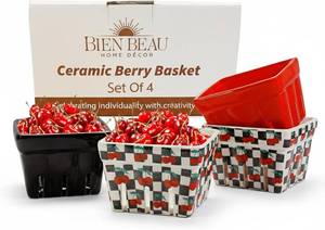 lot 4088 image: BIEN BEAU Ceramic Berry Baskets Set of 4, Checkered Fruit Colanders  Missing 1