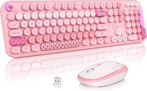 lot 4111 image: MOFII Wireless Keyboard and Mouse Combo, 2.4GHz Retro Typewriter Set Pink