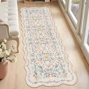lot 4131 image: Hallway Runner Scalloped Floral Rug 2.6x8 Washable Non Slip Pink