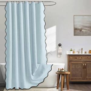 lot 4135 image: MIULEE 72x84 Extra Long Scalloped Linen Shower Curtain Fog Blue