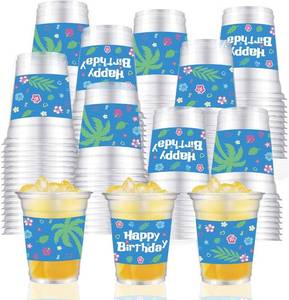 lot 4216 image: 50Pcs Tropical Hawaii Disposable Plastic Cups 12oz Hawaii Party Cups