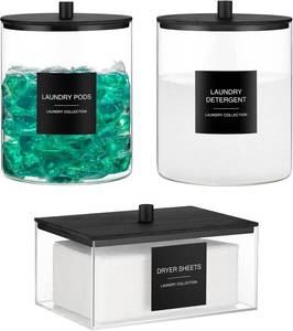 lot 4324 image: Glass Jars & Acrylic Dryer Sheet Holder, Bamboo Lid, 27 Labels, 3-Pack
