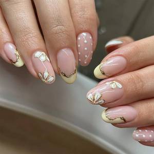 lot 4354 image: Yellow French Tip Press-On Nails - Almond Nude with Gold Lines, Dot, 24Pcs