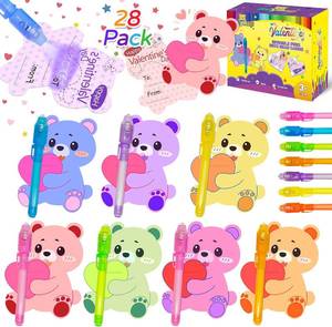lot 4373 image: Valentines Day Kids Cards, 28-Pack with Invisible Ink Pens & Heart Cards