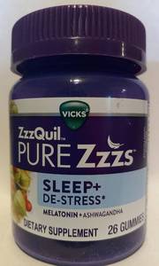 lot 4485 image: Vicks ZzzQuil Pure Zzzs Sleep  DE-Stress MELATONIN  ASHWAGANDHA 26 Gummies