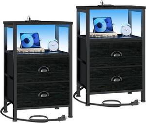 lot 22501 image: Furologee Nightstands Set of 2 with Charging Station, LED Lights, Black Oak