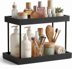lot 22507 image: WOPITUES 2-Tier Bathroom Counter Organizer, Wooden PerfumeSkincare, Black
