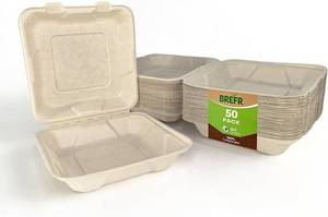 lot 22584 image: 50 Pack 8x8 Inch Compostable Clamshell Takeout Containers, Sugarcane Bagasse