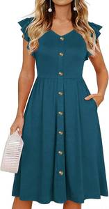 lot 22601 image: Lamilus Womens Summer Dress 2026 V-Neck Button-Down Midi Swing Pockets- Small