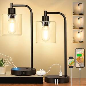 lot 22626 image: Set of 2 Industrial Touch Table Lamps with USB-CUSB-A Ports, AC Outlet
