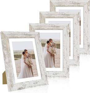 lot 22643 image: Hongkee 5x7 Picture Frame Set of 4, Real Glass, Distressed White Wood