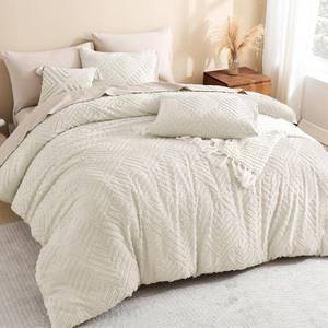 lot 22651 image: Litanika Queen Size Comforter Set, 3 Pieces Beige Tufted Boho Bedding Set