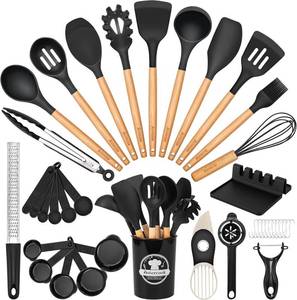 lot 22657 image: Astercook 39-Piece Silicone Utensils Set with Wooden Handles, BPA Free