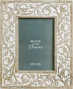 lot 22662 image: NIKKY HOME Carved Floral 5x7 Picture Frame, Mango Wood, White Distressed