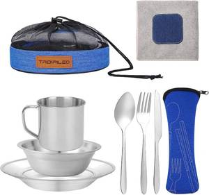 lot 22688 image: Stainless Steel Camping Cutlery Set, 8-Piece with Organizer Straps