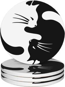 lot 22769 image: Coasters for Black & White Cat Yin Yang Absorbent Ceramic Set of 4 Cork Base