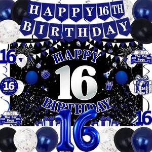lot 22770 image: 16th Birthday Decorations for Boys, Blue Black Happy 16th Birthday 45pcs