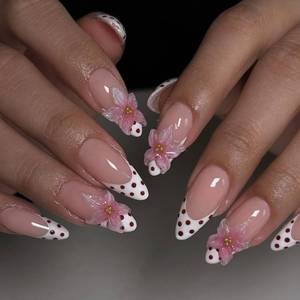 lot 22794 image: 3D Flower Press on Nails Medium - Nude Glossy Almond Fake Nails, 24Pcs