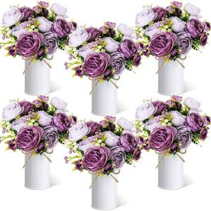 lot 22839 image: 6 Sets Artificial Peonies Bouquet Galvanized Metal Pot, Fake Flowers, Purple